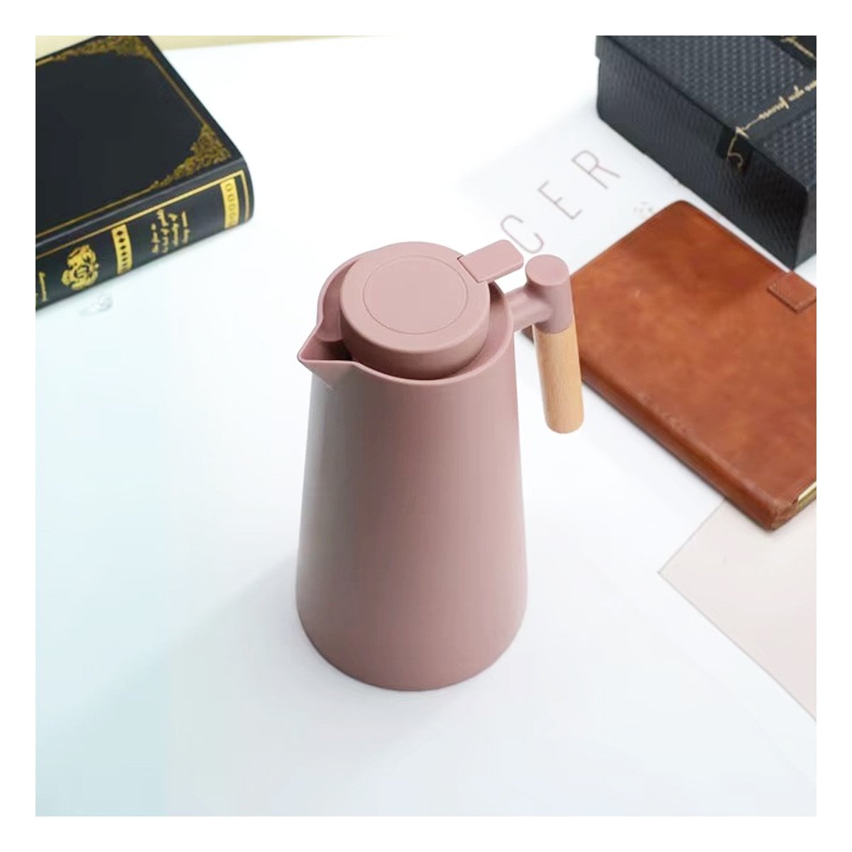 RECIPIENTE TERMO 1L MARRON CLARO CON MANGO DE MADERA PARA OFICINA Y HOGAR DIARIO Y+LIGAS REGALO - 2
