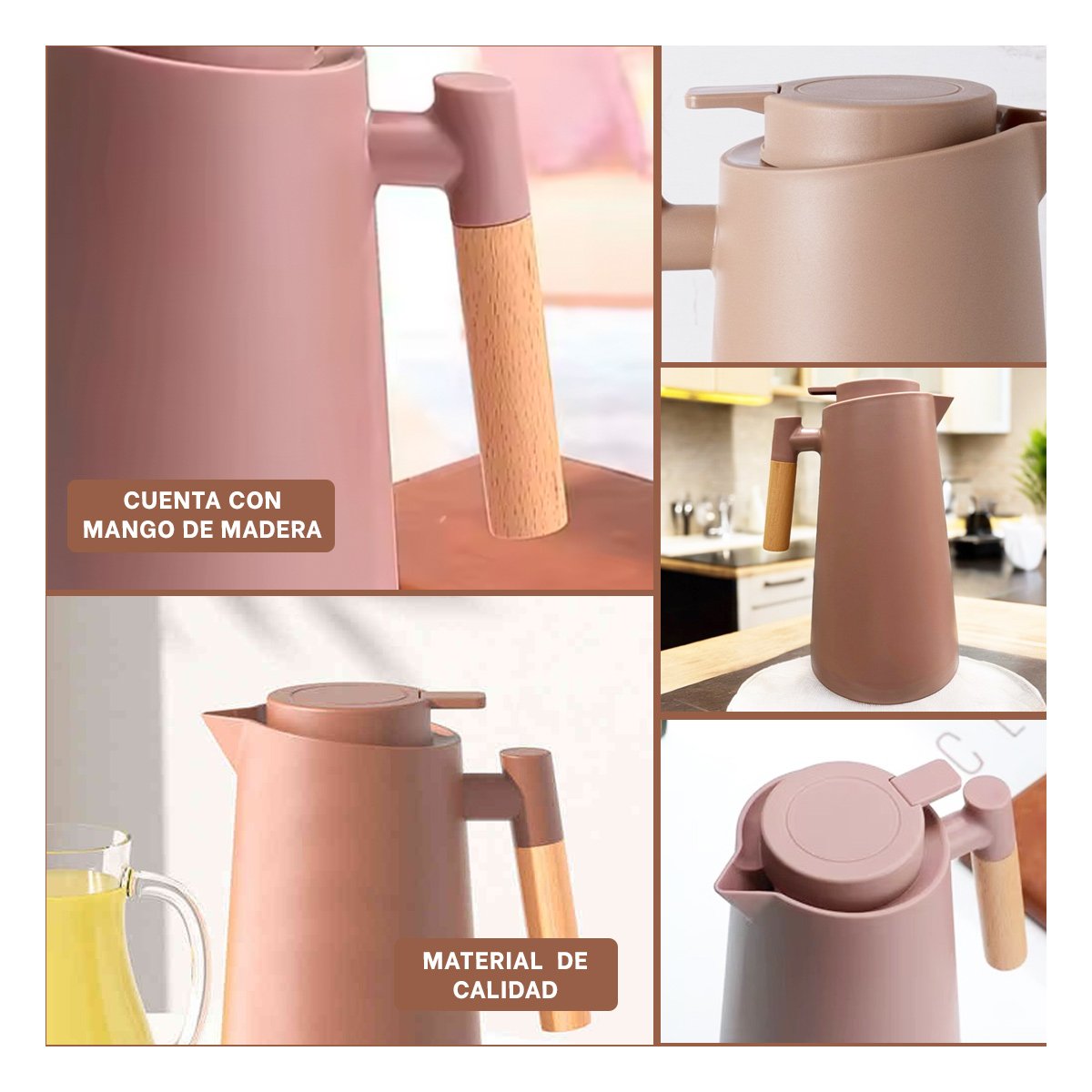 RECIPIENTE TERMO 1L MARRON CLARO CON MANGO DE MADERA PARA OFICINA Y HOGAR DIARIO Y+LIGAS REGALO - 5