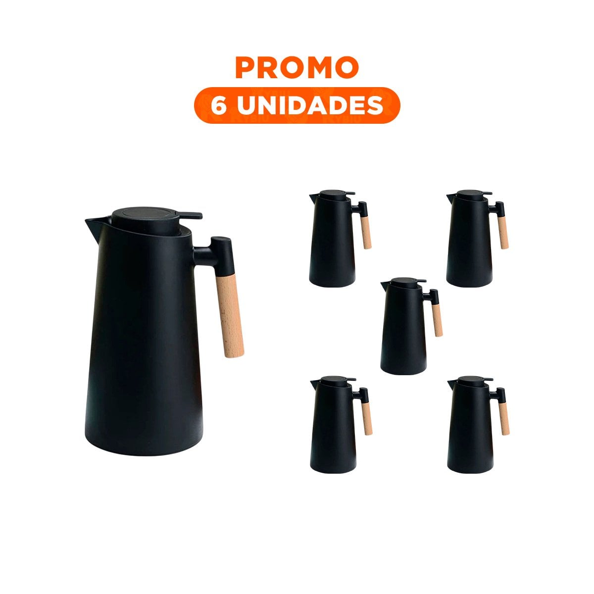PACK6 JARRA TERMO 1L COLOR NEGRO CON MANGO DE MADERA CON DISENO MODERNO Y ELEGANTE - 1