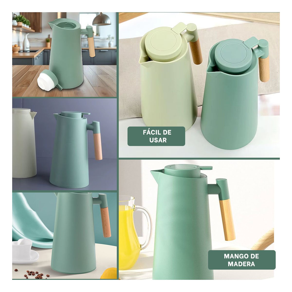 PACK6 ENVASE TERMO 1L VERDE AGUA CON MANGO DE MADERA COMODA Y MODERNA PARA CAFE Y+PAPEL REGALO - 3