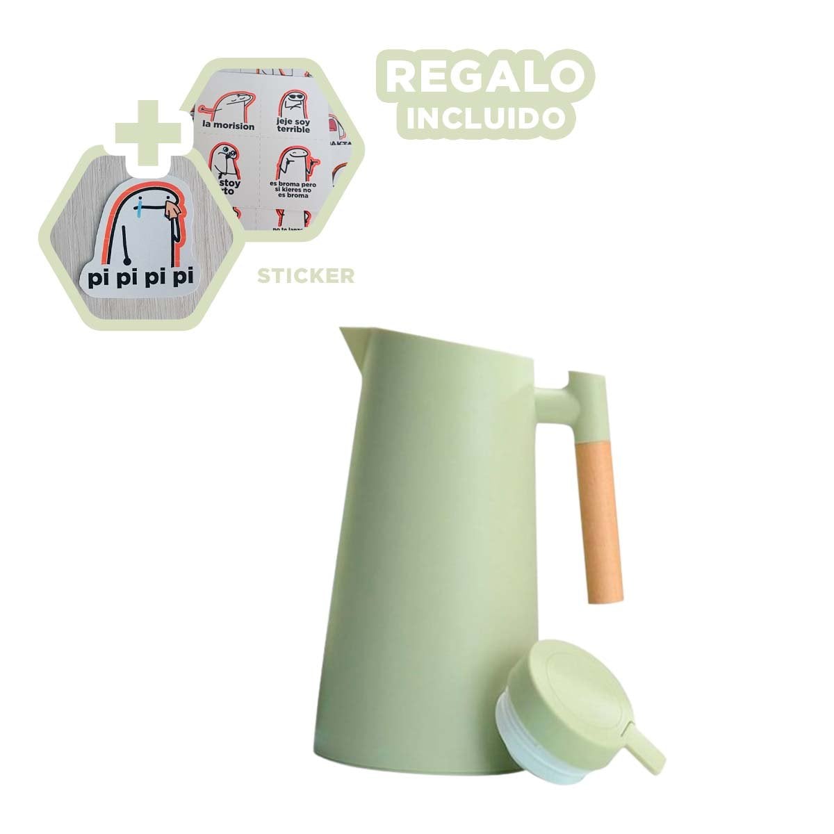 ENVASE TERMO 1L VERDE CLARO CON MANGO DE MADERA CON DISENO MODERNO Y ELEGANTE Y+REGALO STICKER - 1