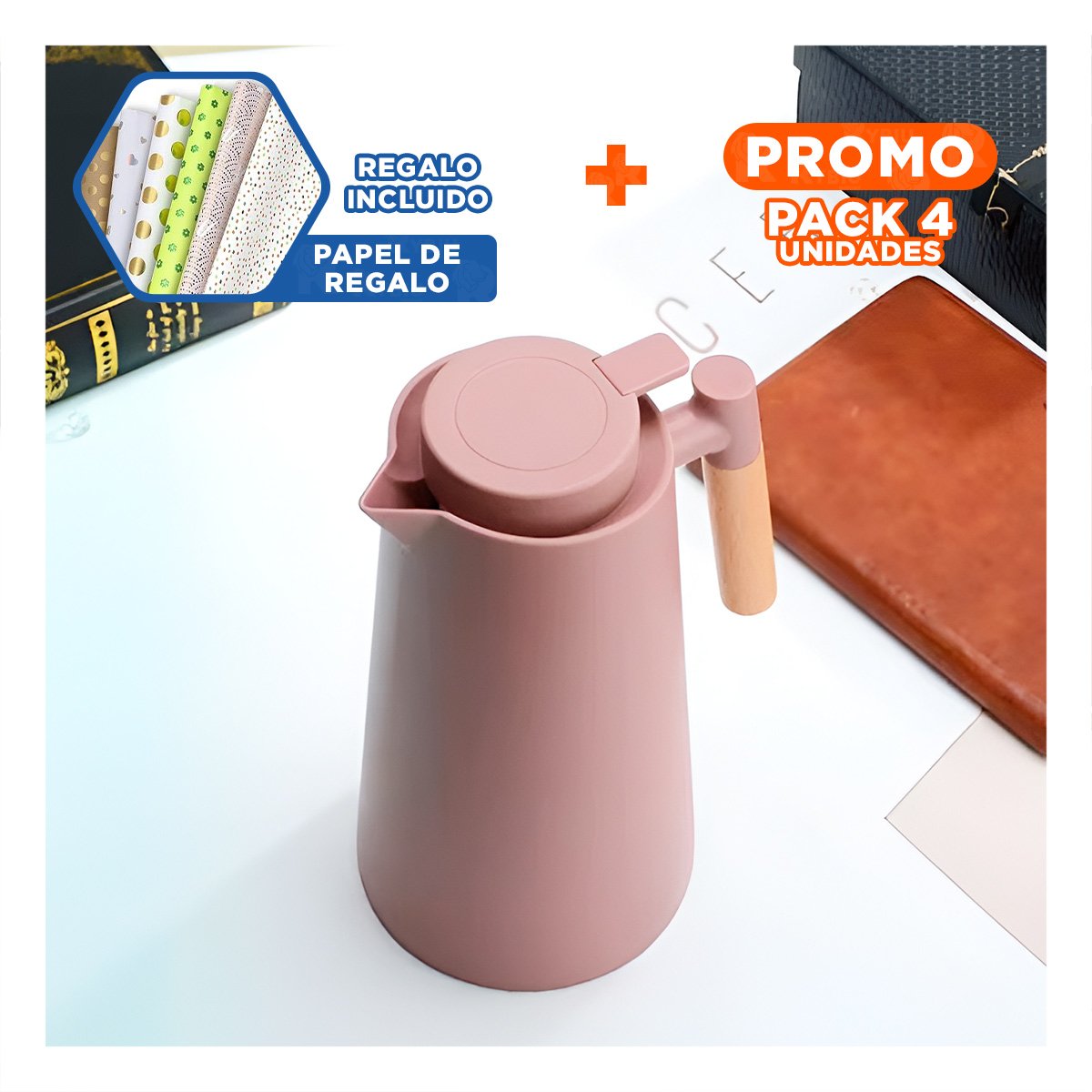 PACK4 CONTENEDOR TERMO 1L MARRON CLARO CON MANGO DE MADERA PERFECTO PARA VIAJES Y+PAPEL REGALO - 1