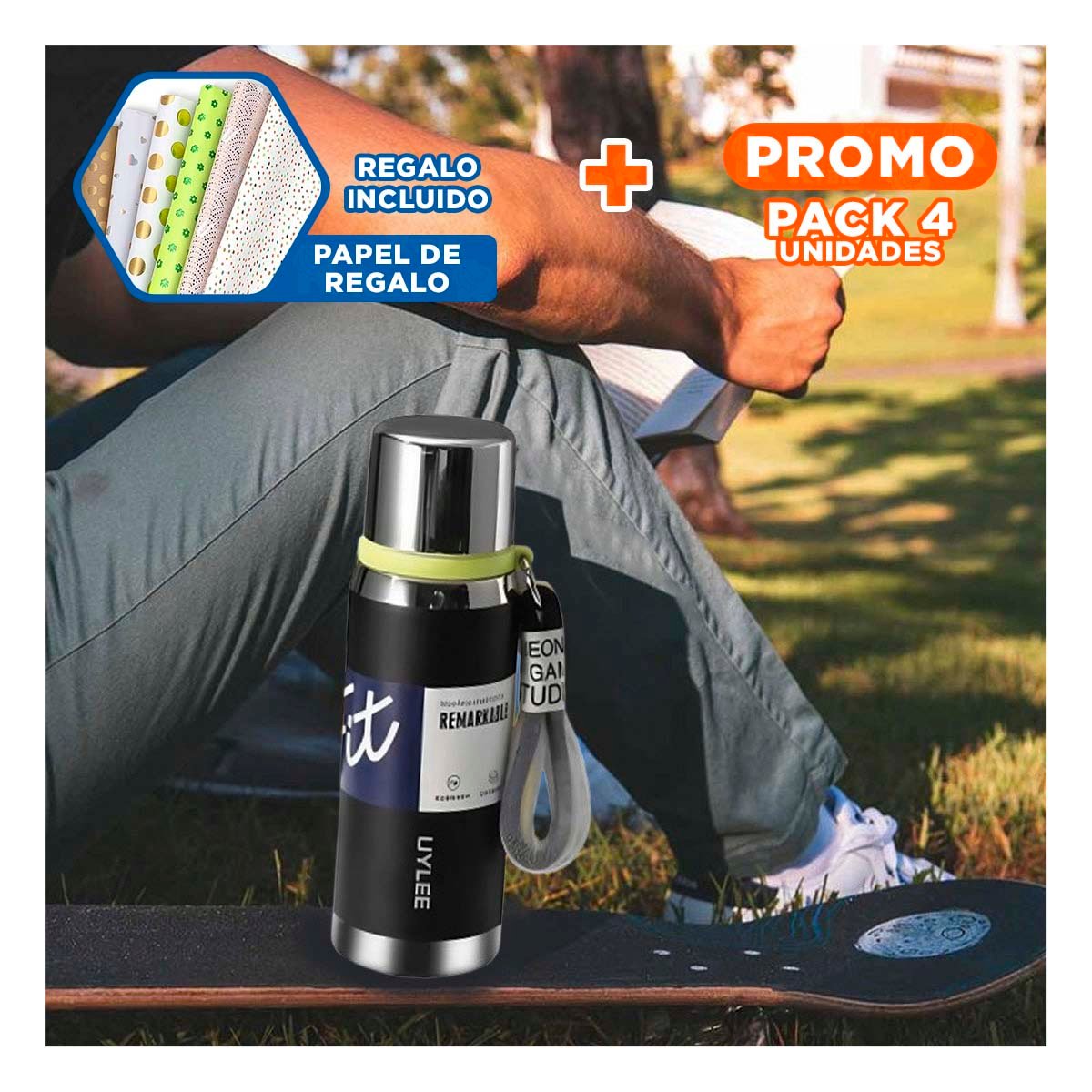 PACK4 ENVASE NEGRO 800ML CON TAPA SEGURA PARA CAFÉ TÉ Y BEBIDAS CALIENTES Y+PAPEL REGALO - 1