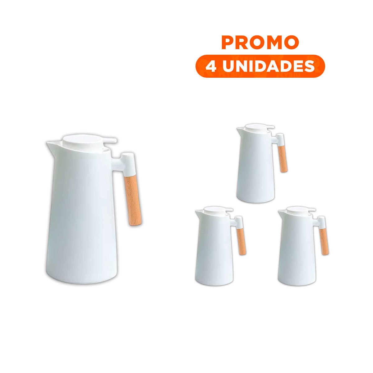 PACK4 ENVASE TERMO 1L BLANCO CON MANGO DE MADERA CON TAPA SEGURA Y HERMETICA Y+REGALO STICKER - 1