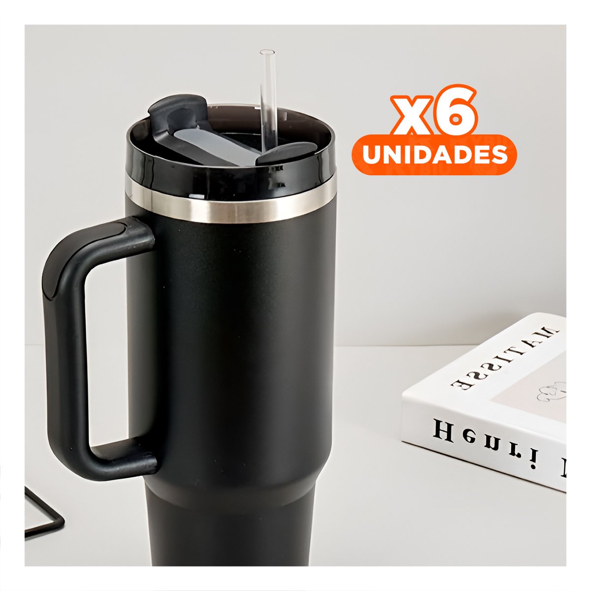 PACK6 TAZA EN COLOR NEGRO CON ASA Y SORBETE 1200ML DE ABS Y ACERO Y+REGALO STICKER - 1