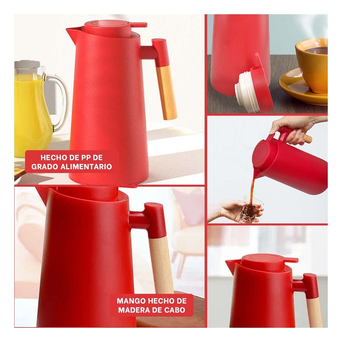 JARRA TERMO 1L COLOR ROJO CON MANGO DE MADERA DURADERO Y SEGURO PARA COCINA - 5