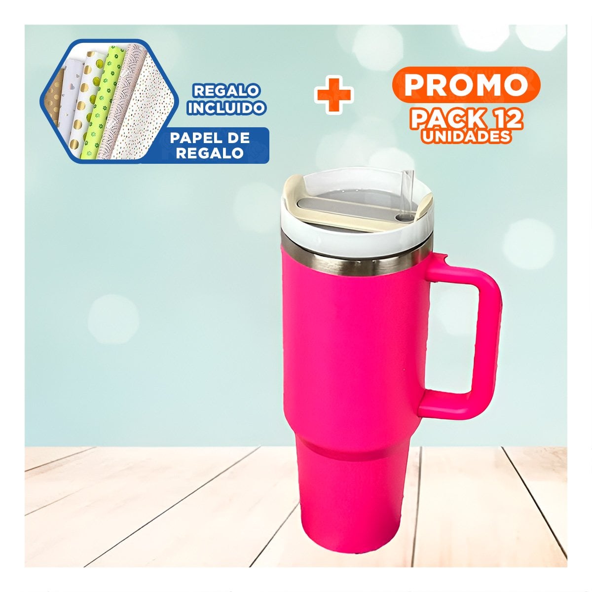 PACK12 SET BOTELLA TERMICA EN COLOR FUCSIA 1200ML CON ASA Y SORBETE ABS Y ACERO Y+PAPEL REGALO - 1