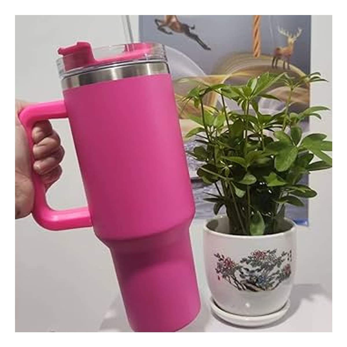 PACK4 TERMO 1200ML EN COLOR FUCSIA CON ASA COMODA Y SORBETE DE ABS Y ACERO - 5