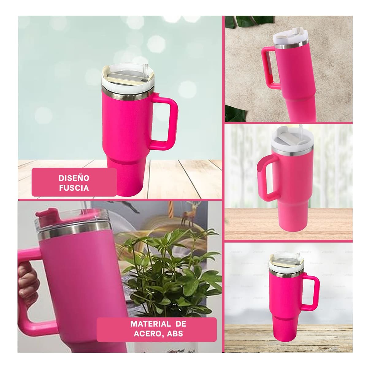 PACK4 TAZA TERMICA 1200ML EN COLOR FUCSIA CON ASA Y SORBETE EN ABS Y ACERO Y+REGALO STICKER - 2