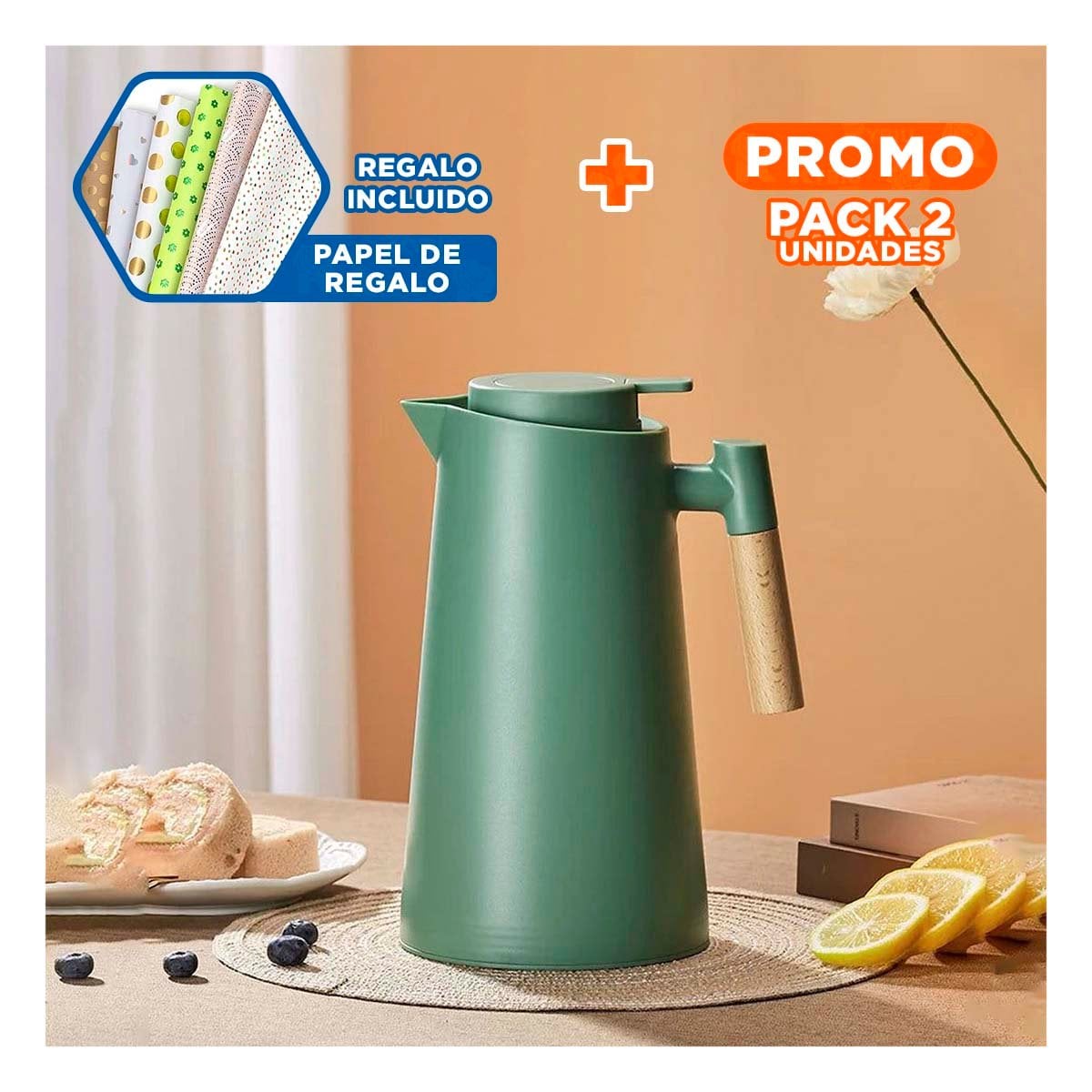 PACK2 BOTELLA TERMO 1L VERDE AGUA CON MANGO DE MADERA LIGERA Y PRACTICA Y+PAPEL REGALO - 1