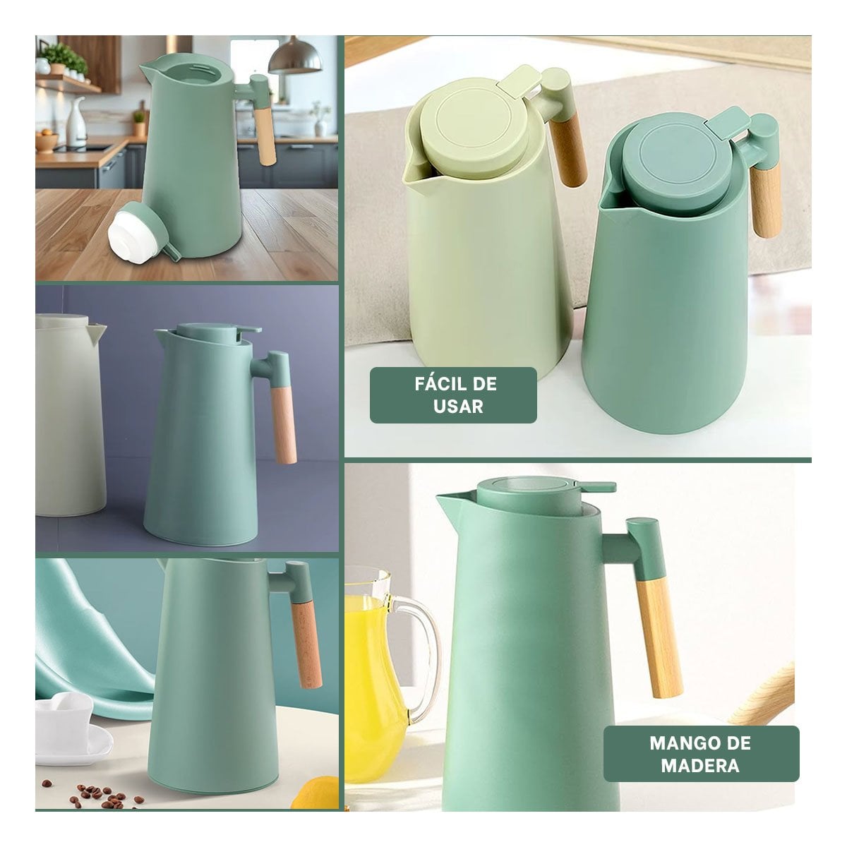 PACK2 BOTELLA TERMO 1L VERDE AGUA CON MANGO DE MADERA LIGERA Y PRACTICA Y+PAPEL REGALO - 3