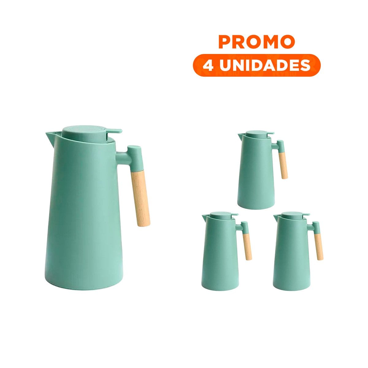 PACK4 JARRA TERMO 1L VERDE AGUA CON MANGO DE MADERA PRACTICA PARA OFICINA Y+REGALO STICKER - 1