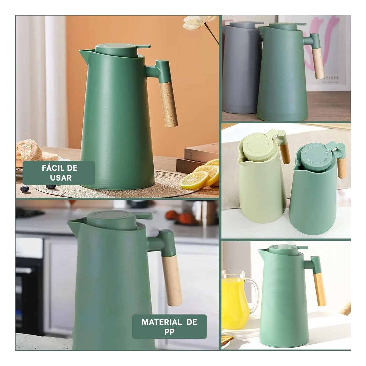 PACK4 JARRA TERMO 1L VERDE AGUA CON MANGO DE MADERA PRACTICA PARA OFICINA Y+REGALO STICKER - 2
