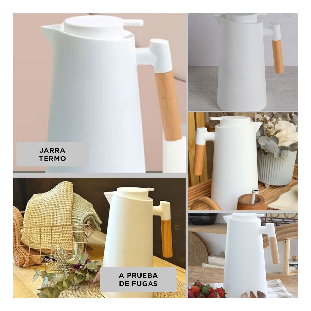 PACK6 CONTENEDOR TERMO 1L COLOR BLANCO CON MANGO DE MADERA DURABLE Y FUNCIONAL Y+PAPEL REGALO - 3