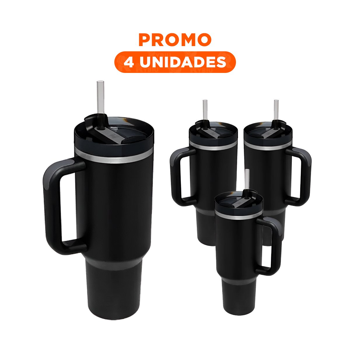 PACK4 TAZA TERMICA 1200ML EN COLOR NEGRO CON ASA Y SORBETE EN ABS Y ACERO Y+REGALO STICKER - 1