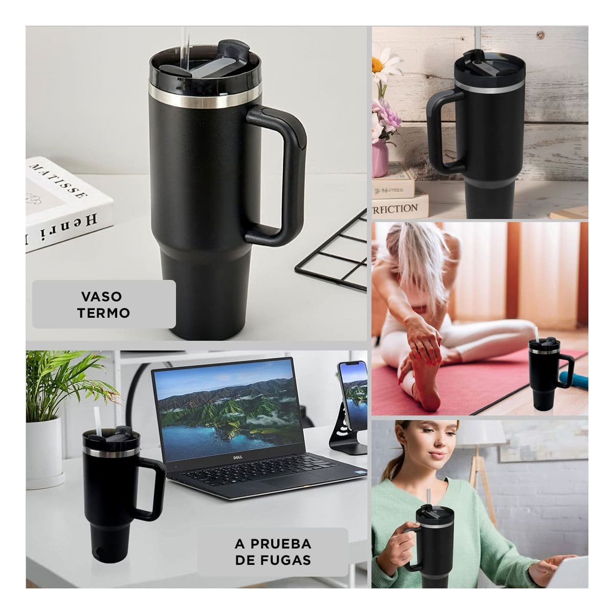 PACK4 TAZA TERMICA 1200ML EN COLOR NEGRO CON ASA Y SORBETE EN ABS Y ACERO Y+REGALO STICKER - 2