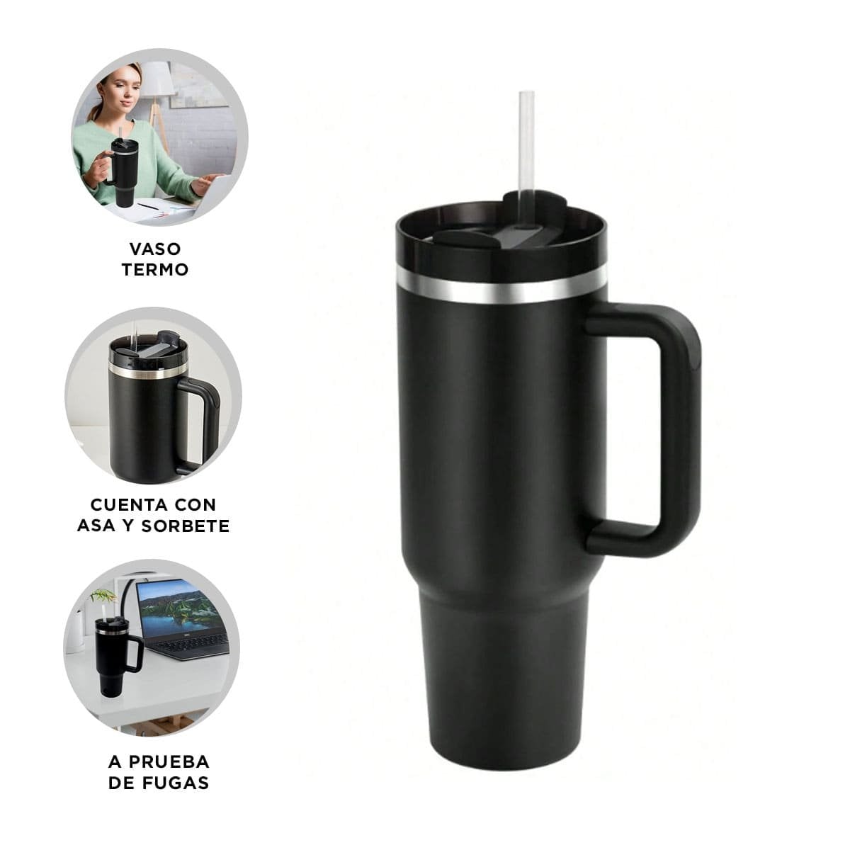 BOTELLA TERMICA 1200ML EN COLOR NEGRO CON ASA Y SORBETE EN ABS Y ACERO - 3