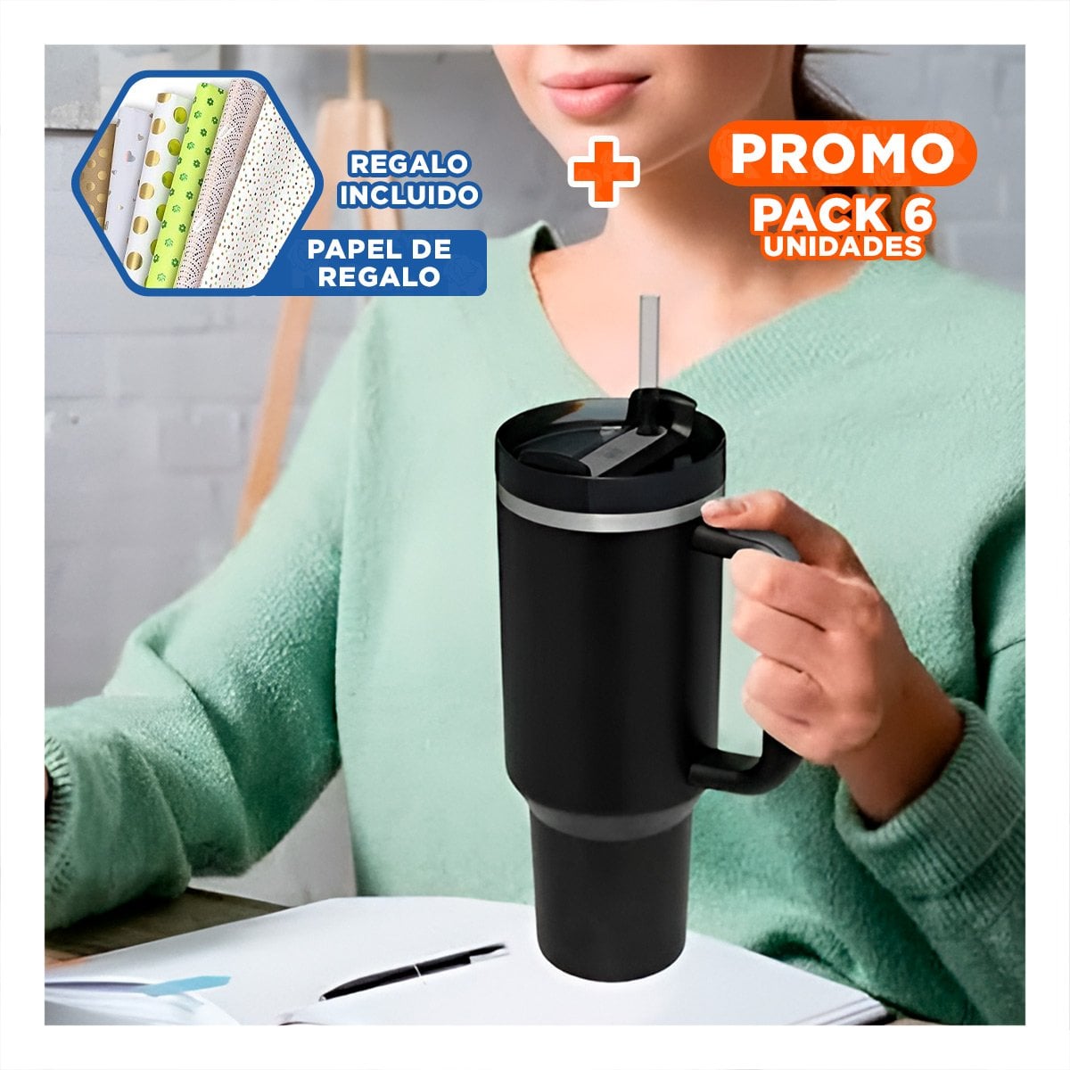 PACK6 TAZA TERMICA EN COLOR NEGRO 1200ML CON ASA LATERAL Y SORBETE ABS Y ACERO Y+PAPEL REGALO - 1