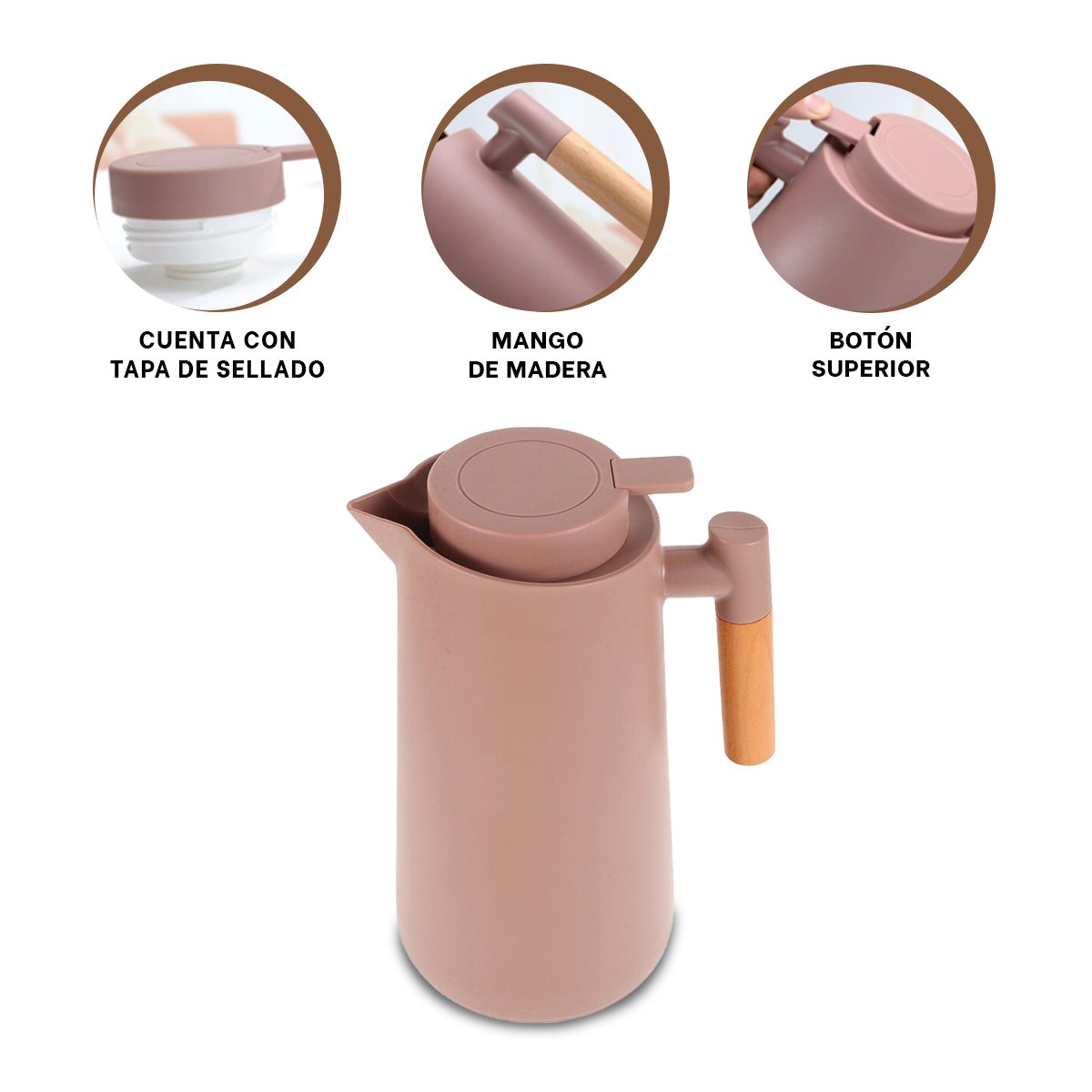 JARRA TERMO 1L COLOR MARRON CLARO CON MANGO DE MADERA LIGERA Y MODERNA PARA BEBIDAS - 3