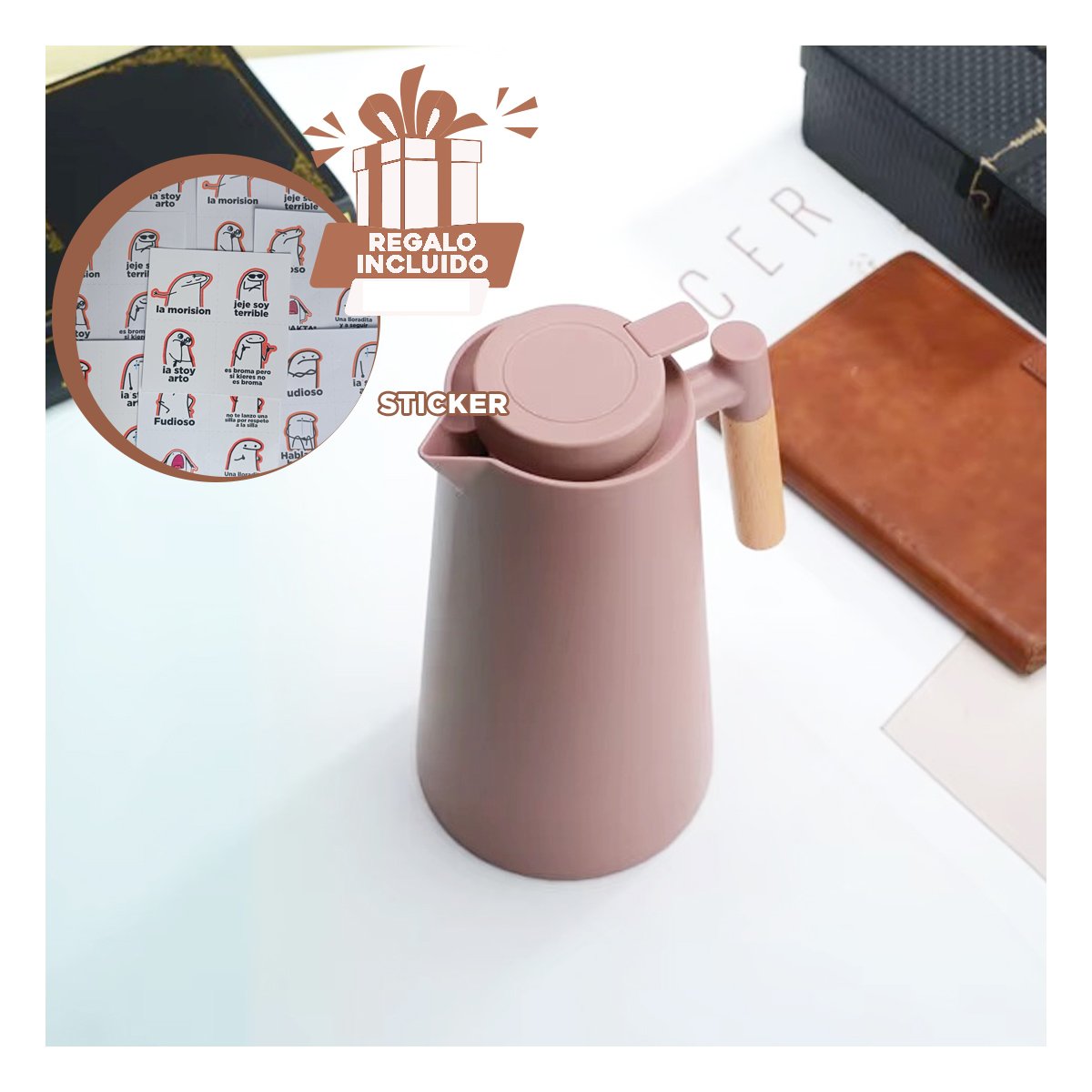 ENVASE TERMO 1L MARRON CLARO CON MANGO DE MADERA CON DISENO MODERNO Y ELEGANTE Y+REGALO STICKER - 1