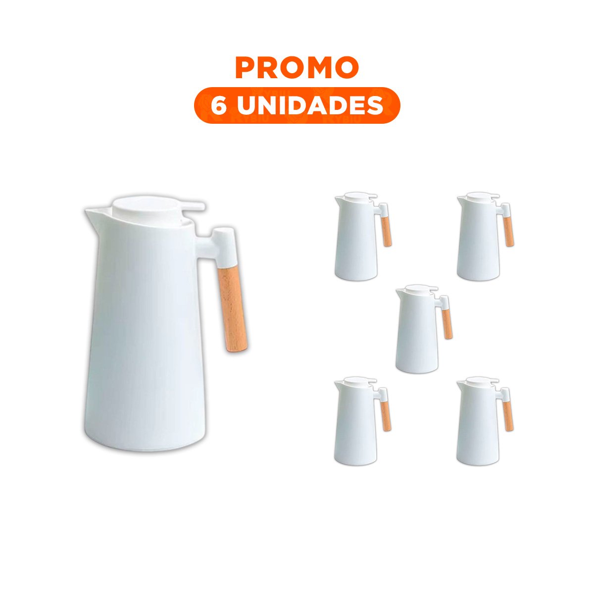PACK6 RECIPIENTE TERMO 1L COLOR BLANCO CON MANGO DE MADERA PARA CASA Y OFICINA - 1