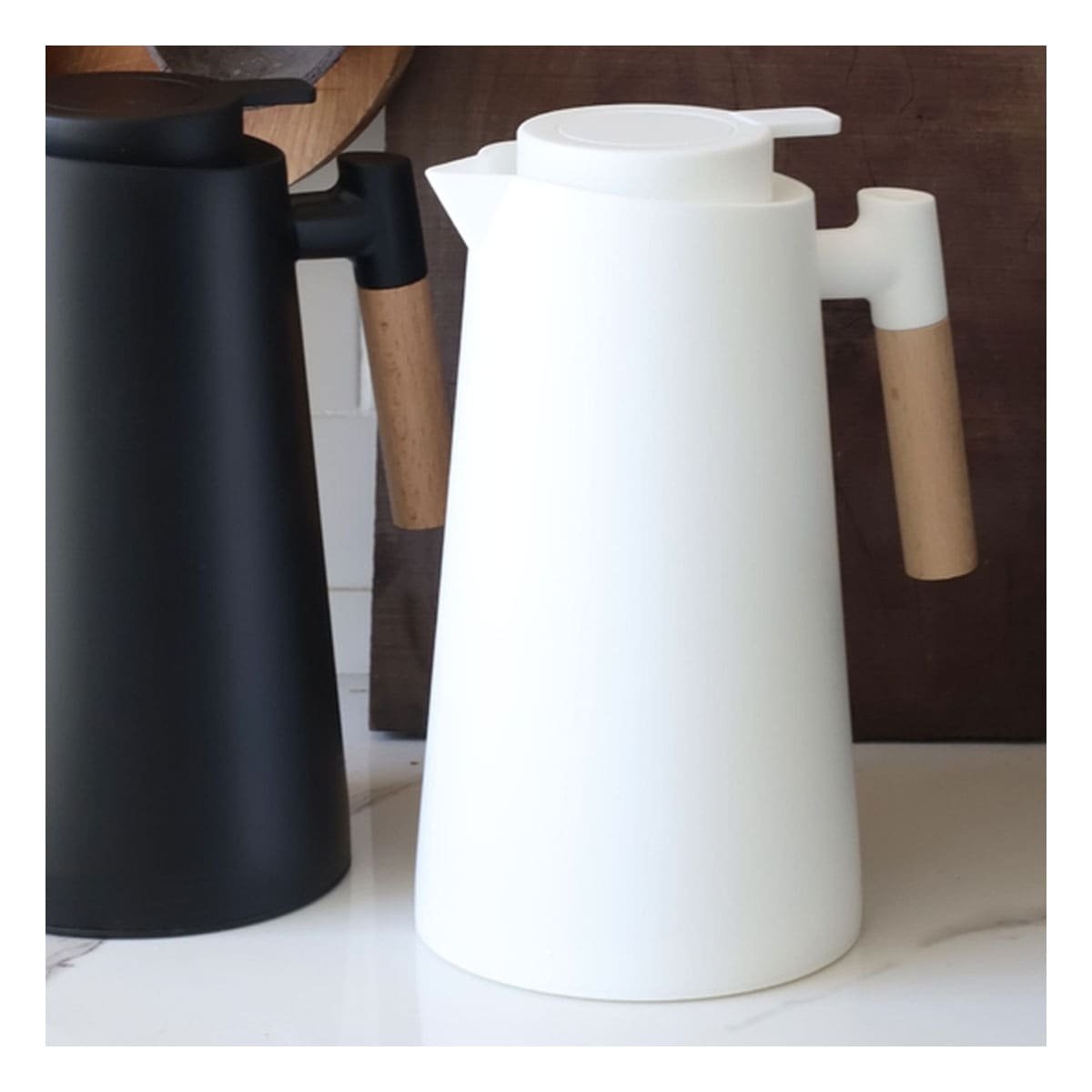 PACK6 RECIPIENTE TERMO 1L COLOR BLANCO CON MANGO DE MADERA PARA CASA Y OFICINA - 5