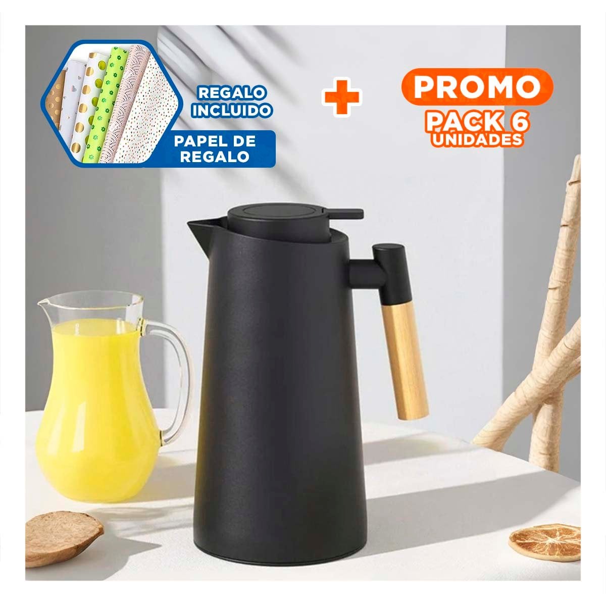 PACK6 BOTELLA TERMO 1L COLOR NEGRO CON MANGO DE MADERA FUNCIONAL Y+PAPEL REGALO - 1