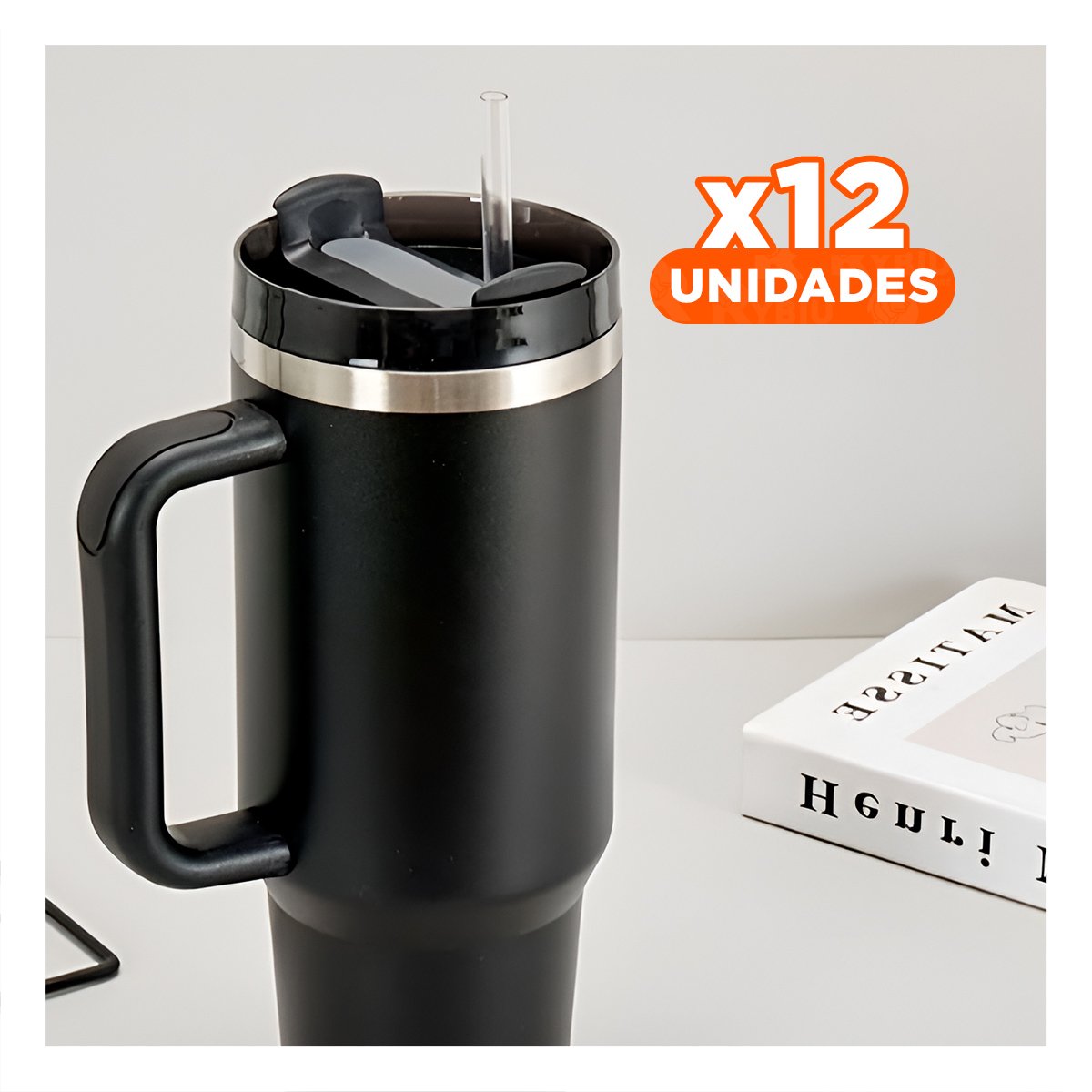 PACK12 TAZA 1200ML EN COLOR NEGRO CON SORBETE PRACTICO Y ASA RESISTENTE EN ABS Y ACERO - 1