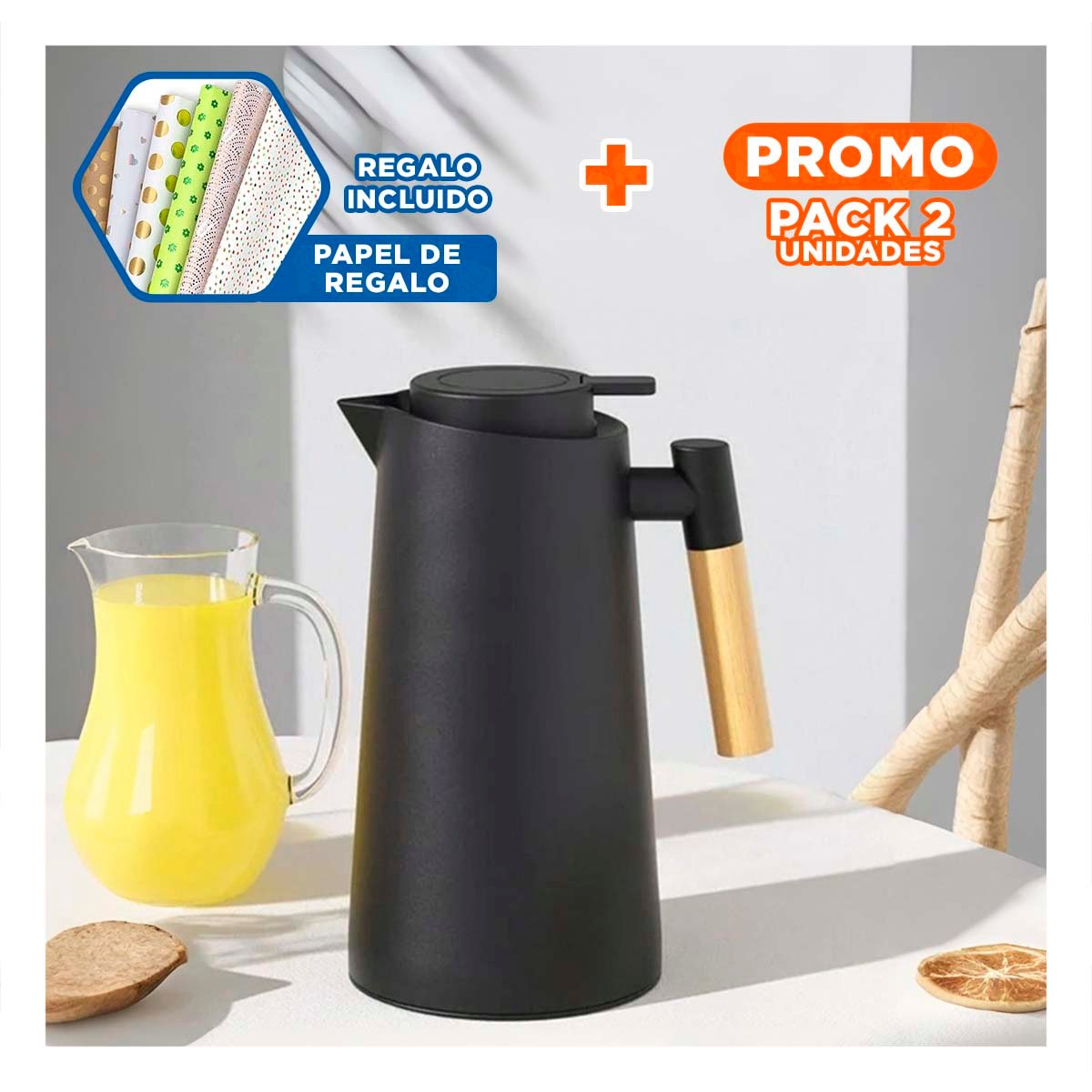 PACK2 JARRA TERMO 1L COLOR NEGRO SEGURO Y PRACTICO PARA COCINA Y+PAPEL REGALO - 1