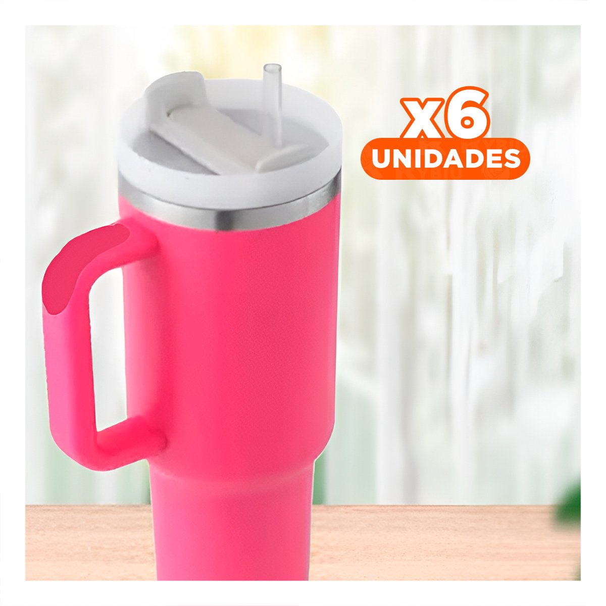 PACK6 TAZA EN COLOR FUCSIA CON ASA Y SORBETE 1200ML DE ABS Y ACERO Y+REGALO STICKER - 1