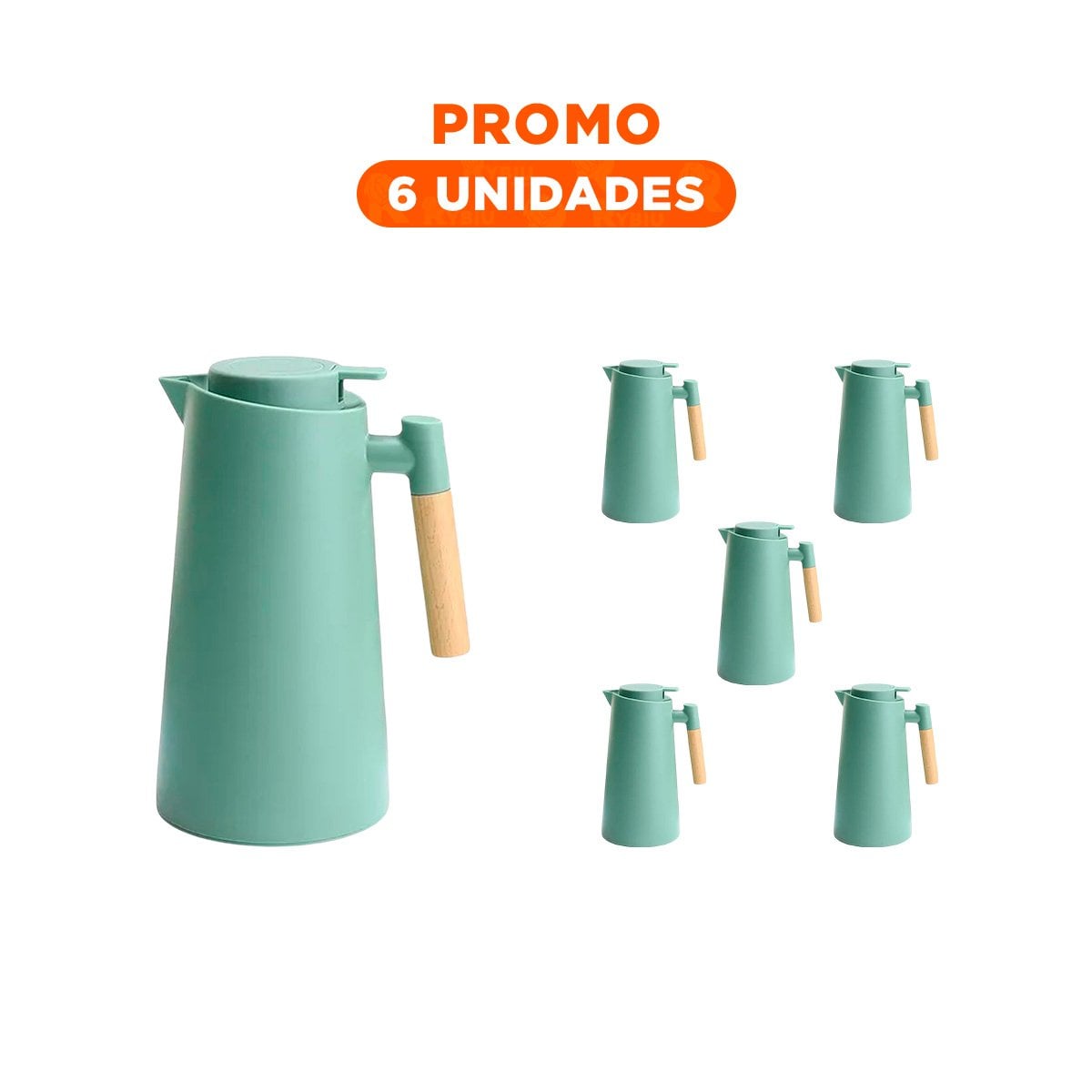 PACK6 BOTELLA TERMO 1L COLOR VERDE AGUA CON MANGO DE MADERA ELEGANTE Y DURABLE PARA HOGAR - 1