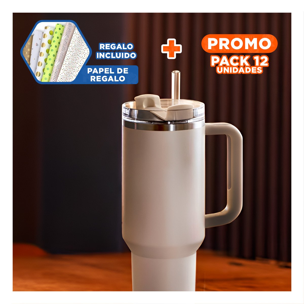 PACK12 SET BOTELLA TERMICA EN COLOR BLANCO 1200ML CON ASA Y SORBETE ABS Y ACERO Y+PAPEL REGALO - 1