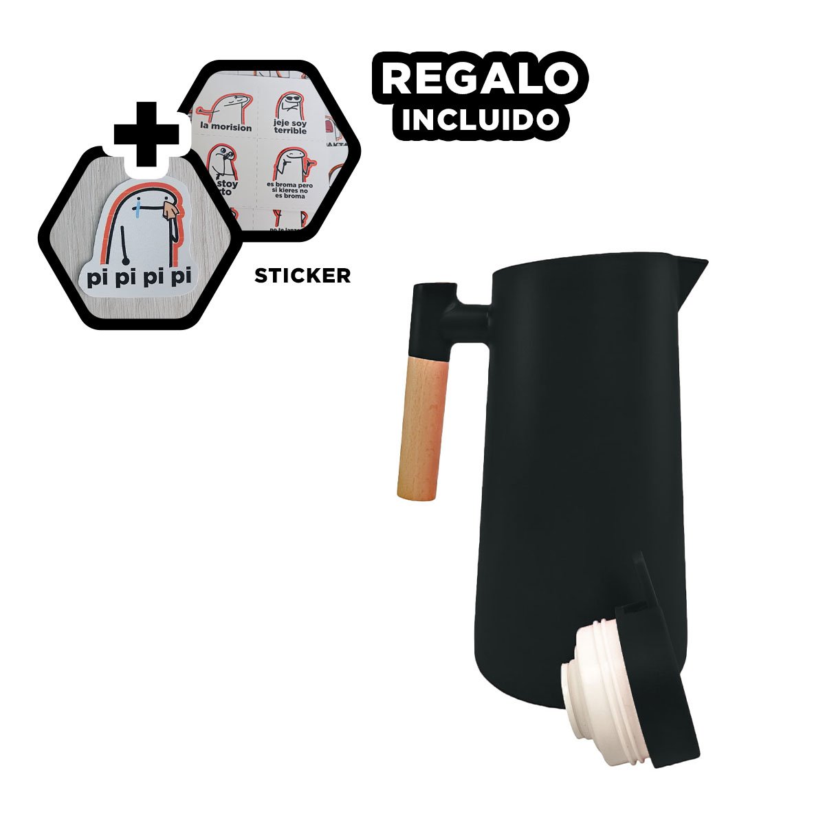 ENVASE TERMO 1L COLOR NEGRO CON MANGO DE MADERA PERFECTO PARA CAFE Y TE Y+REGALO STICKER - 1