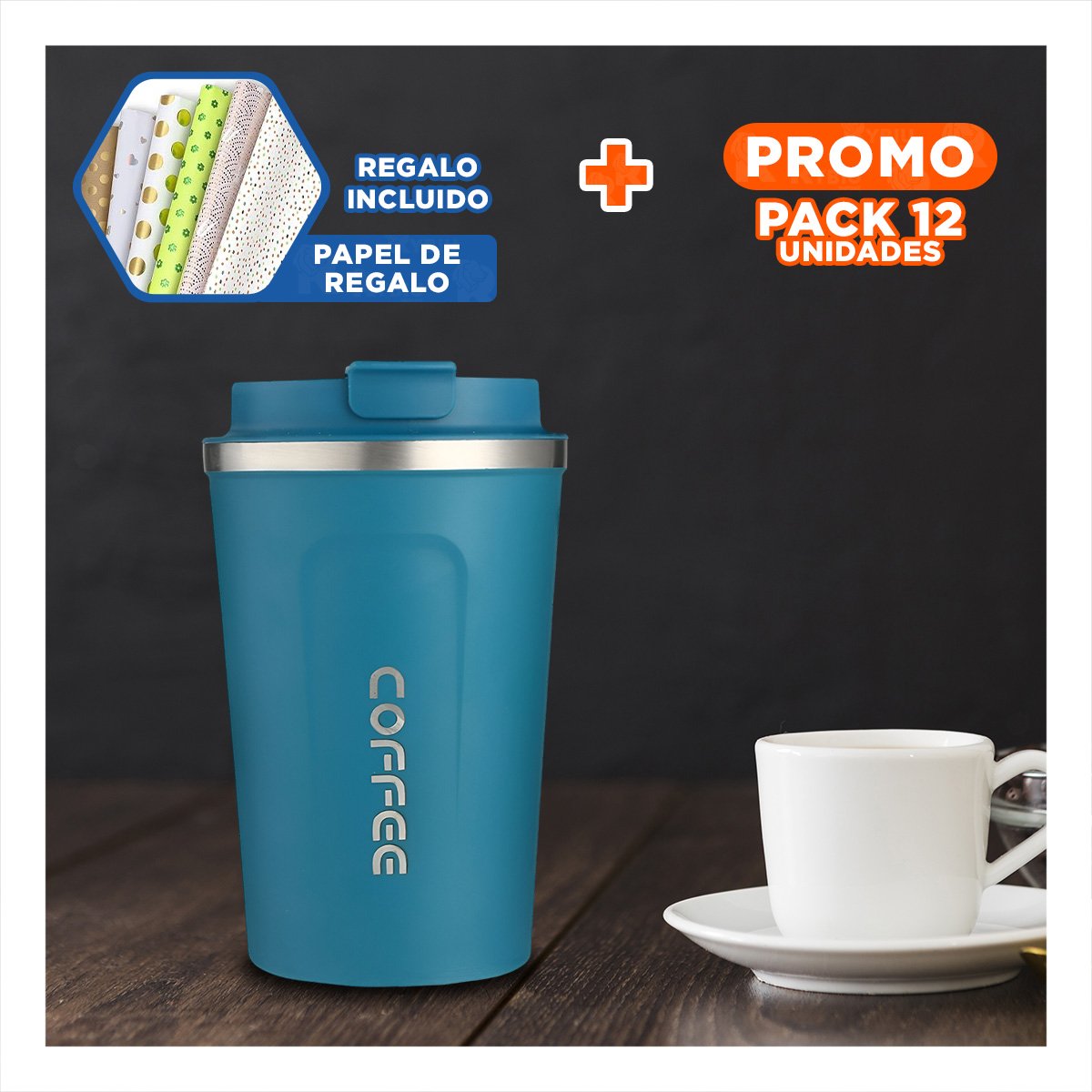PACK12 TAZA DE USO DIARIO DIGITAL 510ML AZUL PETROLEO PARA CASA U OFICINA Y+PAPEL REGALO - 1