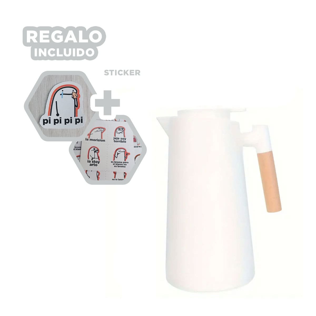 CONTENEDOR TERMO 1L COLOR BLANCO CON MANGO DE MADERA PARA BEBIDAS DIARIAS Y+REGALO STICKER - 1