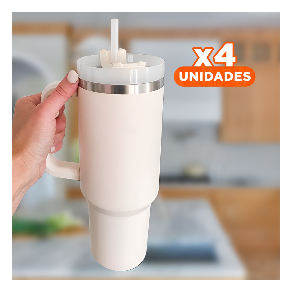 PACK4 TERMO 1200ML EN COLOR BLANCO CON ASA COMODA Y SORBETE DE ABS Y ACERO - 1