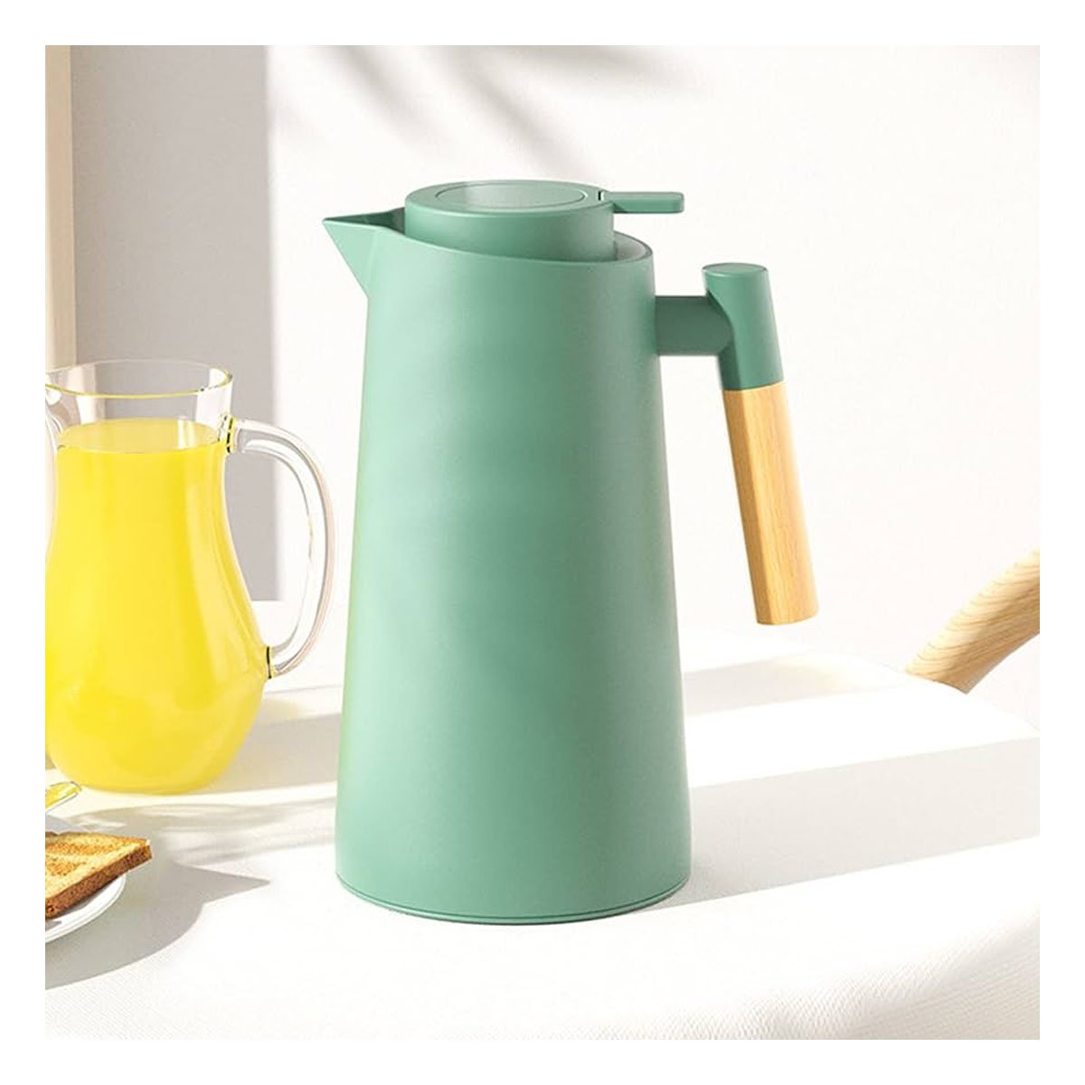 BOTELLA TERMO 1L VERDE AGUA CON MANGO DE MADERA COMPACTA Y PRACTICA PARA VIAJE Y+PAPEL REGALO - 2