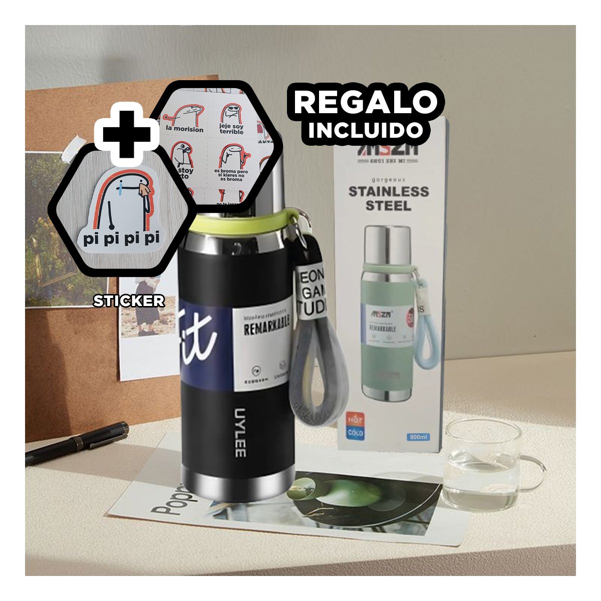 BOTELLA TÉRMICA NEGRO 800ML PARA BEBIDAS CALIENTES Y FRÍAS EN HOGAR Y+REGALO STICKER - 1