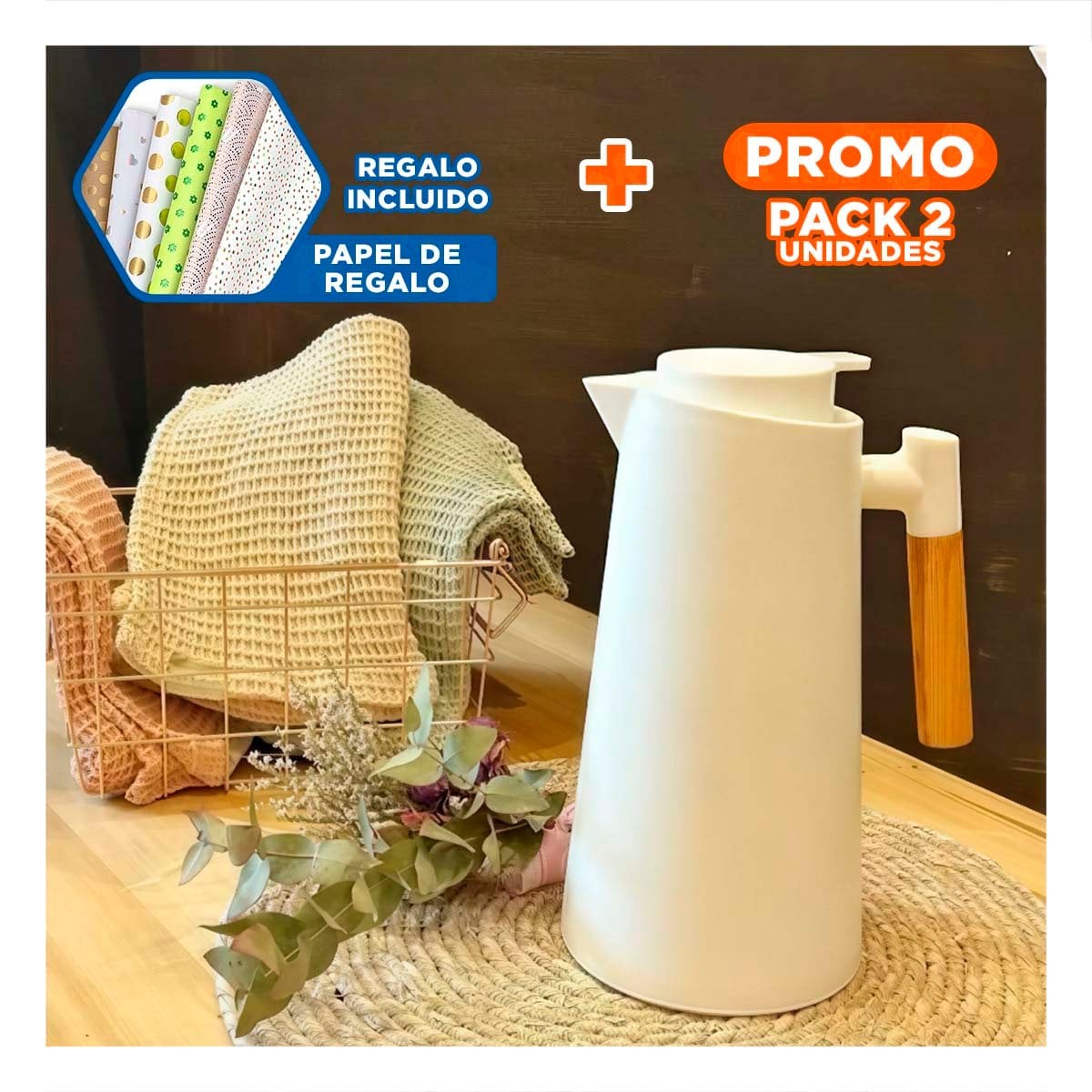 PACK2 RECIPIENTE TERMO 1L COLOR BLANCO CON MANGO DE MADERA CON DISENO MODERNO Y+PAPEL REGALO - 1