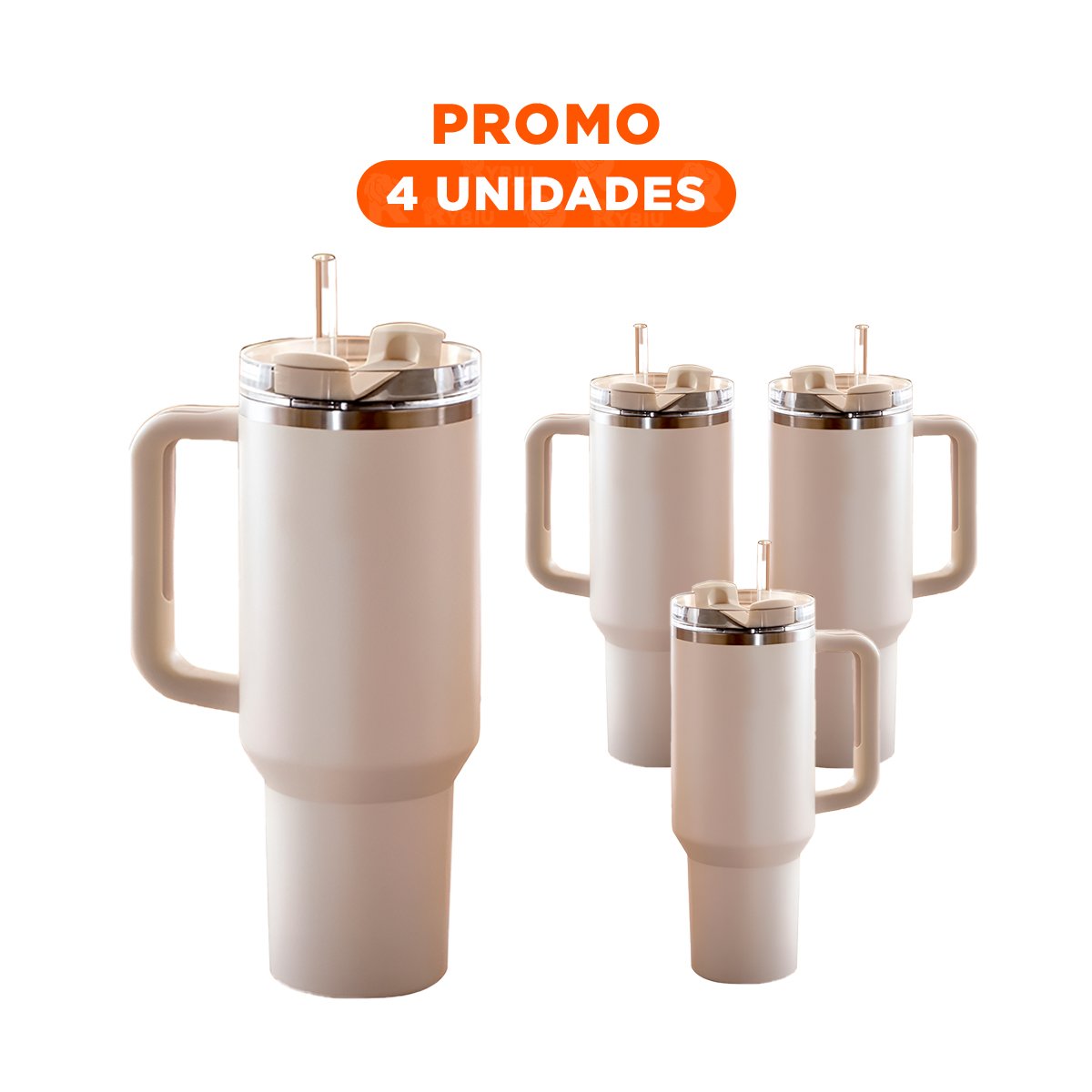 PACK4 TAZA TERMICA 1200ML EN COLOR BLANCO CON ASA Y SORBETE EN ABS Y ACERO Y+REGALO STICKER - 1