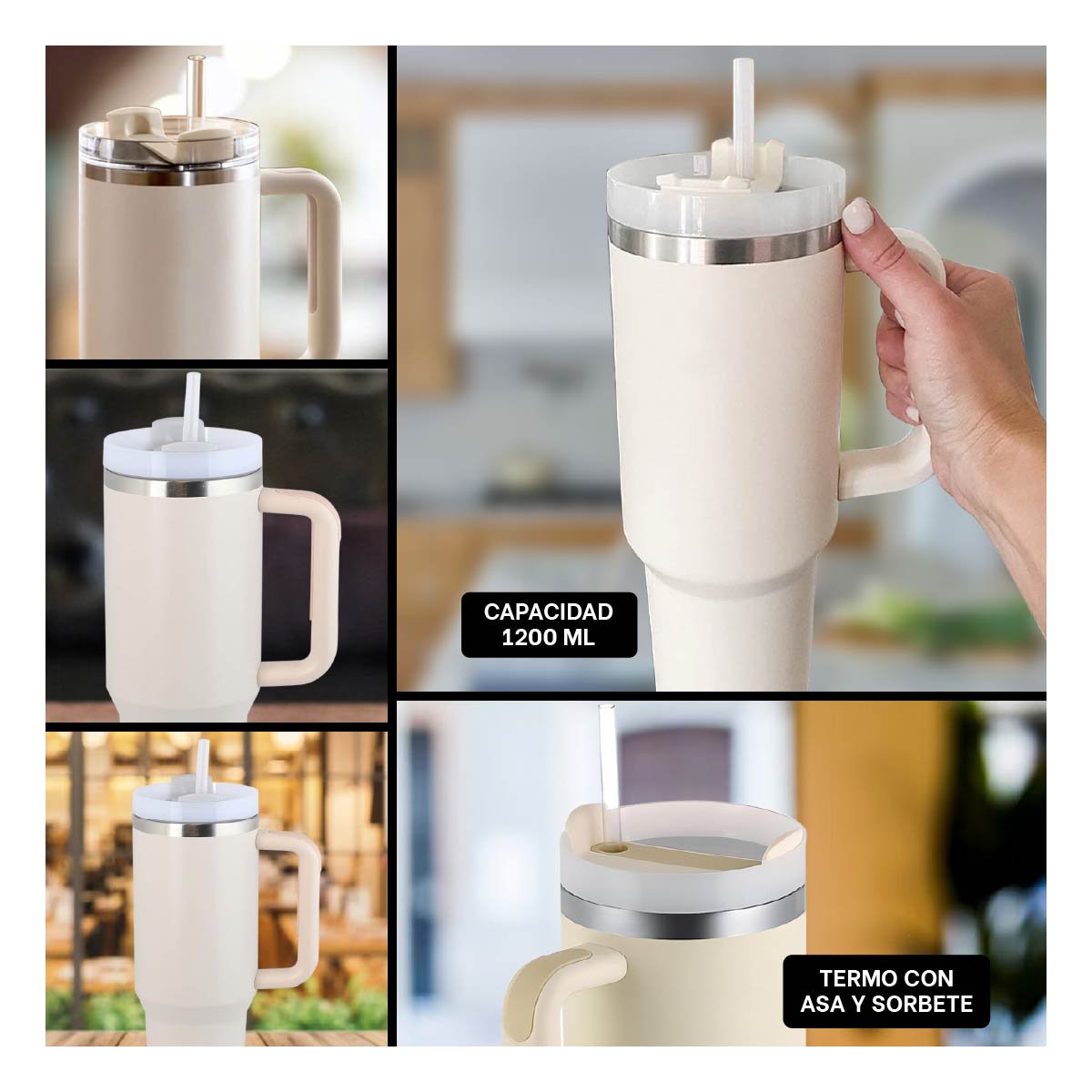 PACK4 TAZA TERMICA 1200ML EN COLOR BLANCO CON ASA Y SORBETE EN ABS Y ACERO Y+REGALO STICKER - 2