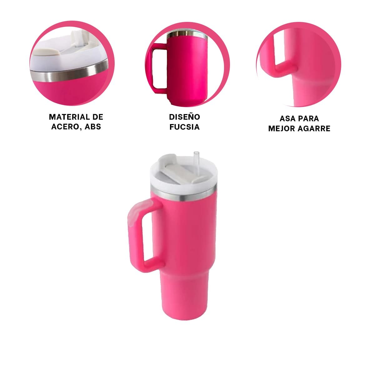 BOTELLA TERMICA 1200ML EN COLOR FUCSIA CON ASA Y SORBETE EN ABS Y ACERO - 3