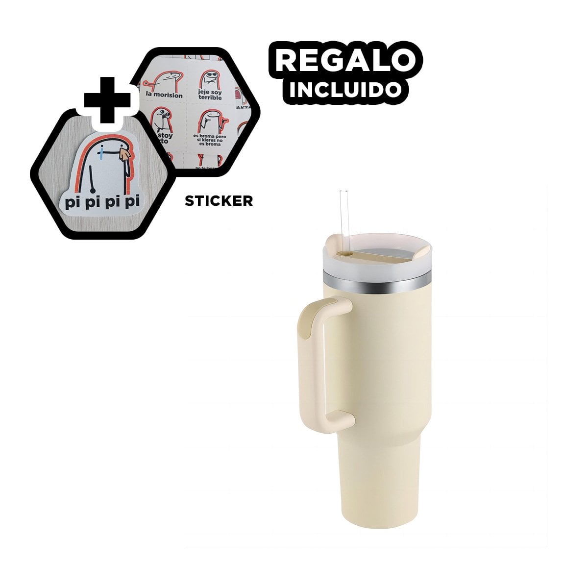 BOTELLA TERMICA EN COLOR BLANCO 1200ML CON ASA LATERAL Y SORBETE ABS Y ACERO Y+REGALO STICKER - 1