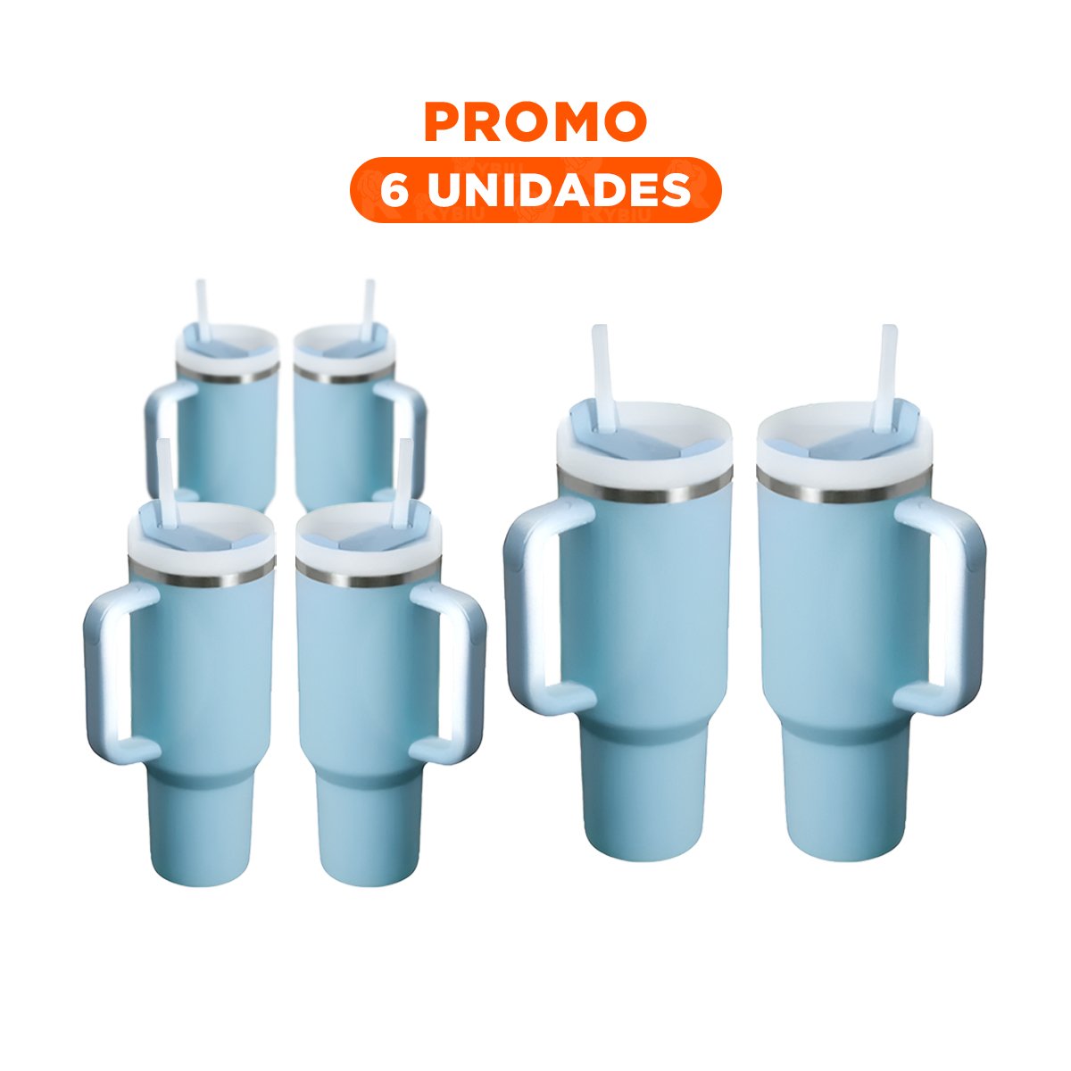 PACK6 TAZA EN COLOR CELESTE CON SORBETE INTEGRADO Y ASA COMODA 1200ML DE ABS Y ACERO - 1