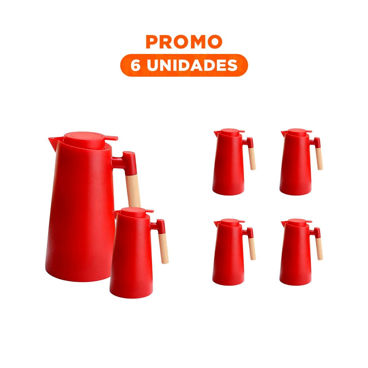 PACK6 RECIPIENTE TERMO 1L COLOR ROJO CON MANGO DE MADERA PERFECTA PARA CAFE O TE - 1
