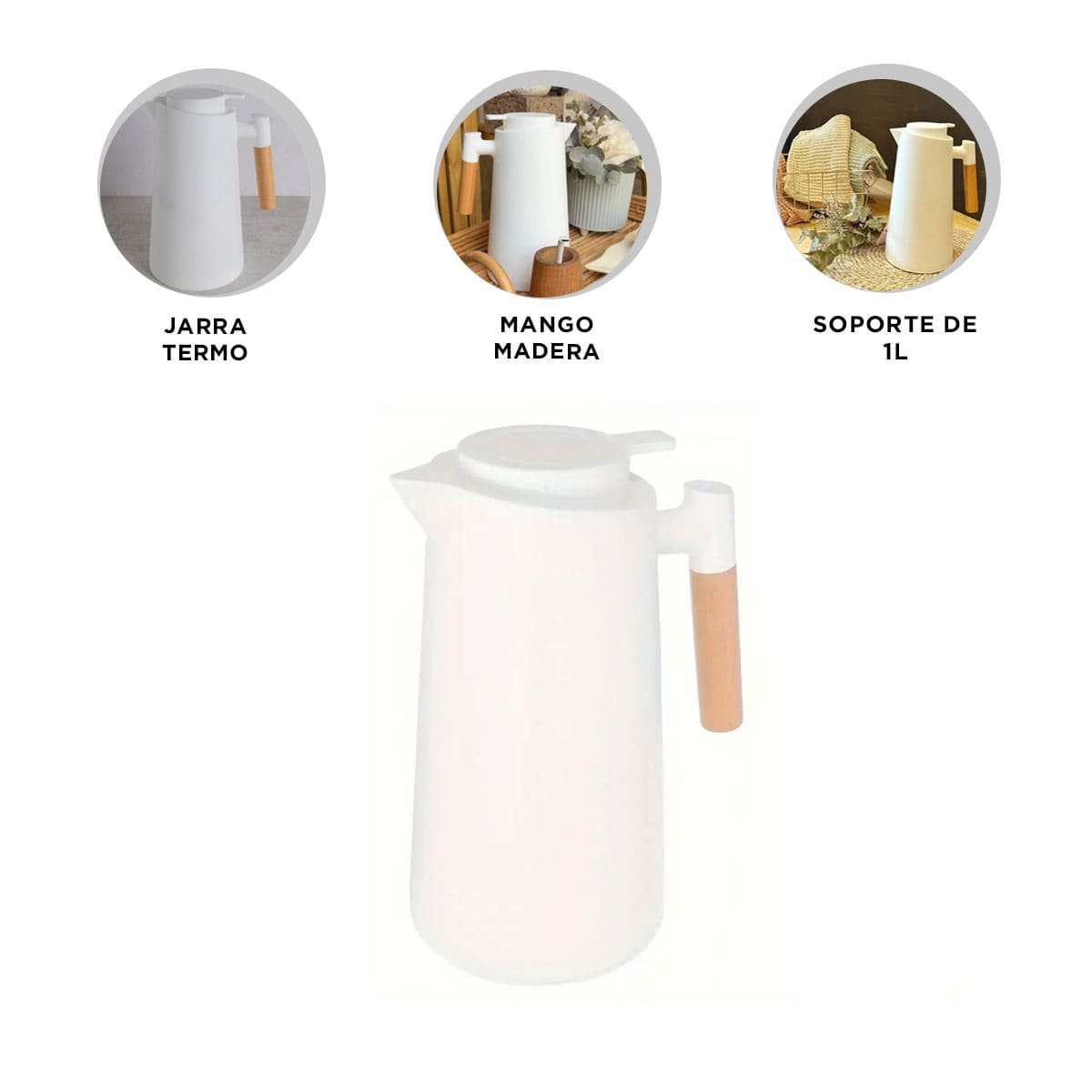 ENVASE TERMO 1L COLOR BLANCO CON MANGO DE MADERA CON TAPA HERMETICA Y PRACTICA - 3
