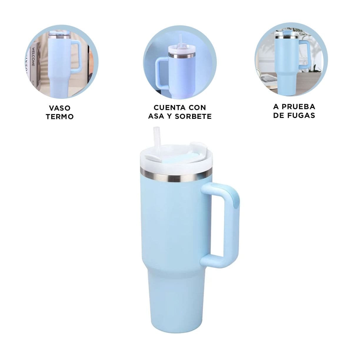 BOTELLA TERMICA 1200ML EN COLOR CELESTE CON ASA Y SORBETE EN ABS Y ACERO - 3