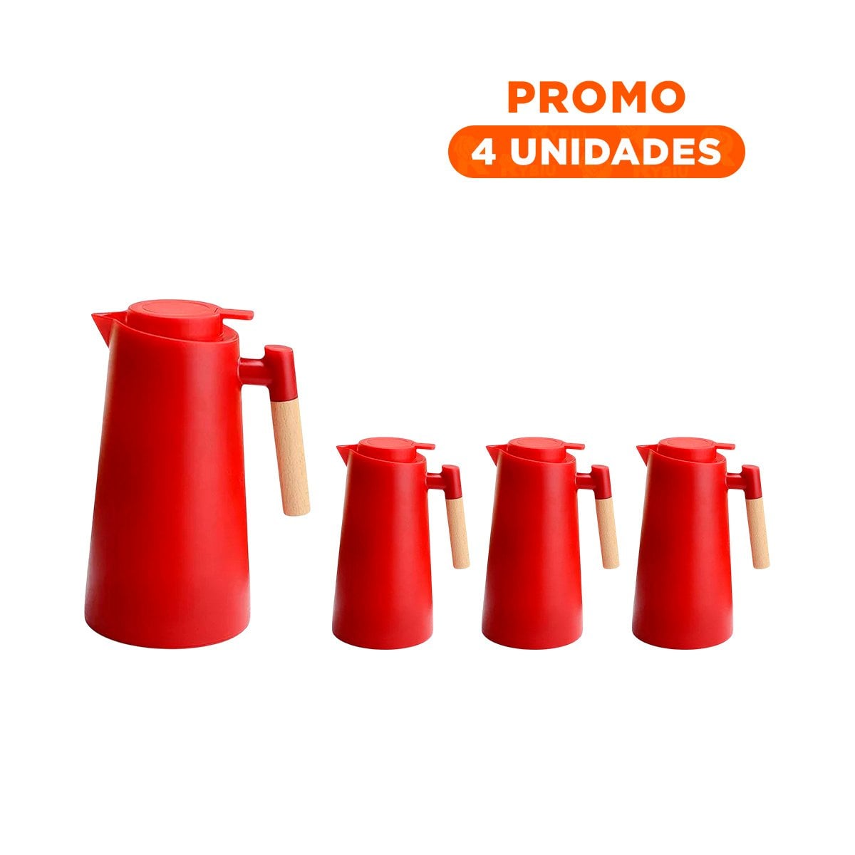 PACK4 ENVASE TERMO 1L COLOR ROJO CON MANGO DE MADERA COMPACTA Y FACIL DE USAR Y+REGALO STICKER - 1