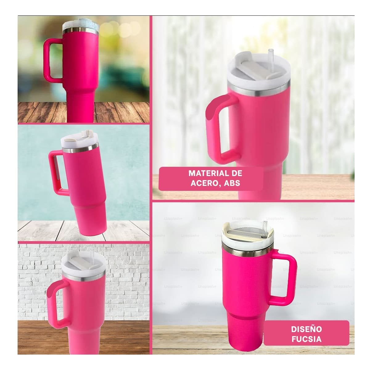 BOTELLA EN COLOR FUCSIA CON ASA Y SORBETE REUTILIZABLE 1200ML DE ABS Y ACERO Y+LIGAS REGALO - 5