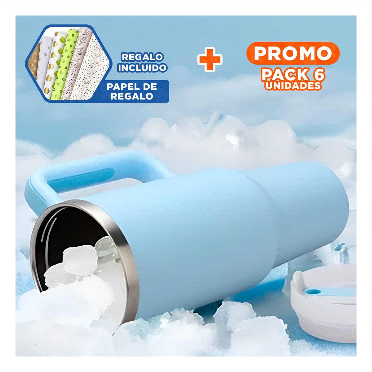 PACK6 TAZA TERMICA EN COLOR CELESTE 1200ML CON ASA LATERAL Y SORBETE ABS Y ACERO Y+PAPEL REGALO - 1